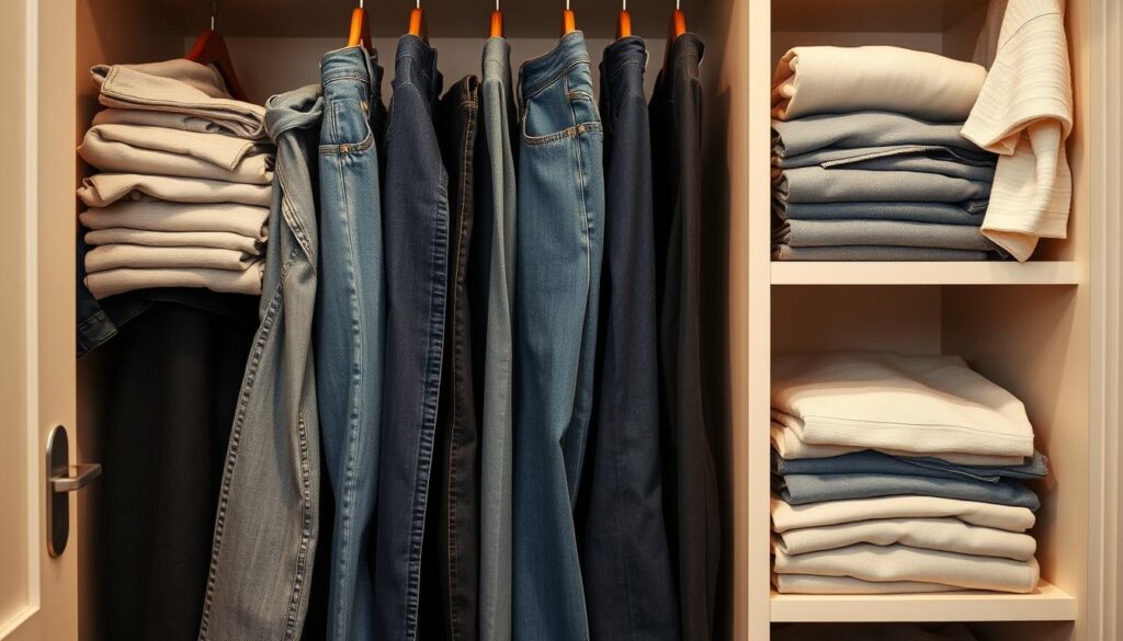 A collection of essential jean styles arranged in a wardrobe