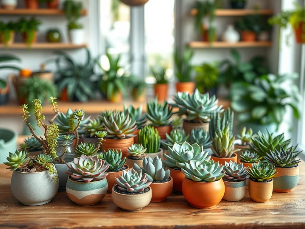 A cozy indoor space filled with various succulent plants arranged artistically on a wooden table. In the foreground, a collection of colorful succulents in unique ceramic pots showcases different shapes like rosettes, trailing vines, and round clusters. The middle ground features larger succulent varieties alongside a small water feature, creating a tranquil atmosphere. The background consists of soft, blurred shelves lined with more greenery, with natural light filtering through a nearby window, casting gentle shadows. The scene has a warm, inviting mood, ideal for a home setting, highlighting the beauty and diversity of indoor succulents. Ensure clarity, focus on textures of the plants, and avoid clutter. Photographed with a macro lens at a slight angle to capture depth and detail, no text or logos included. www.TYPESOFxyz.COM A cozy indoor space filled with various succulent plants arranged artistically on a wooden table. In the foreground, a collection of colorful succulents in unique ceramic pots showcases different shapes like rosettes, trailing vines, and round clusters. The middle ground features larger succulent varieties alongside a small water feature, creating a tranquil atmosphere. The background consists of soft, blurred shelves lined with more greenery, with natural light filtering through a nearby window, casting gentle shadows. The scene has a warm, inviting mood, ideal for a home setting, highlighting the beauty and diversity of indoor succulents. Ensure clarity, focus on textures of the plants, and avoid clutter. Photographed with a macro lens at a slight angle to capture depth and detail, no text or logos included. www.TYPESOFxyz.COM