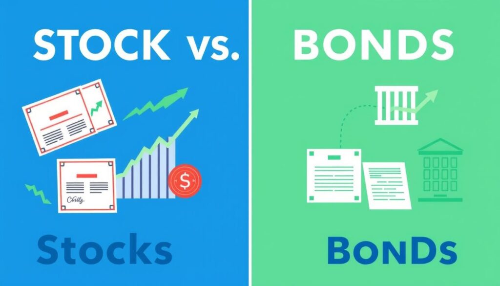 Comparison between stocks and bonds showing ownership vs lending relationship