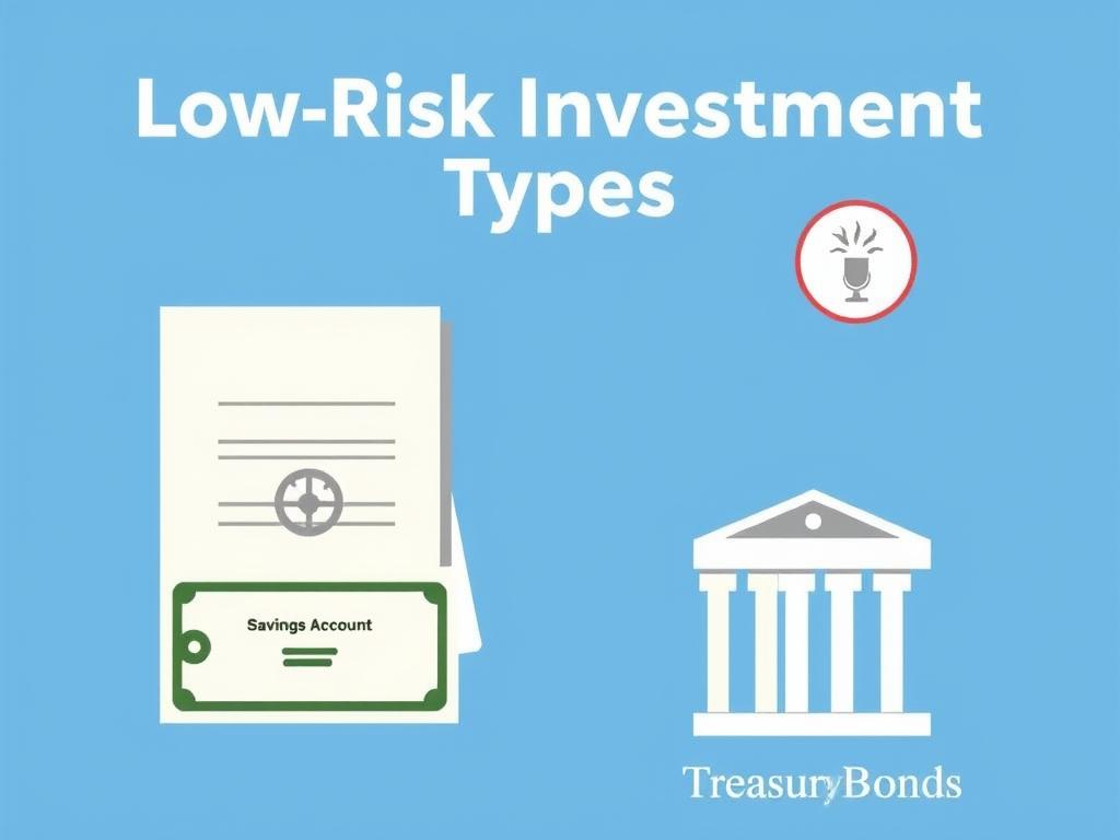 Low-risk investment types including savings accounts, CDs, and Treasury bonds Low-risk investment types including savings accounts, CDs, and Treasury bonds