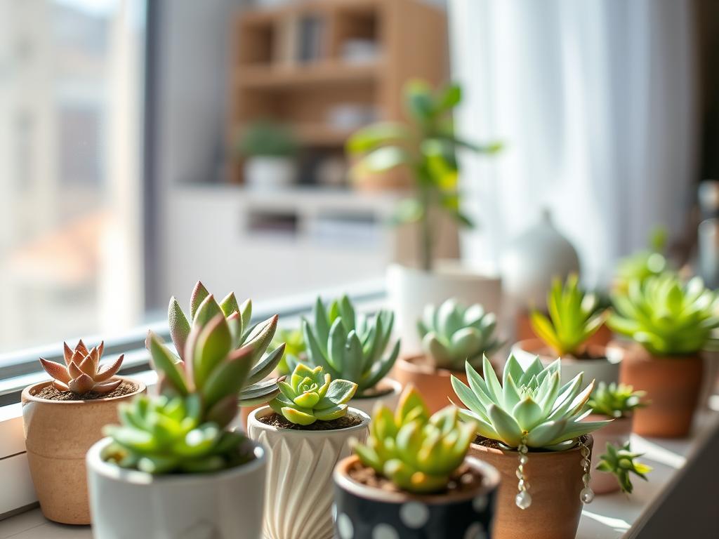 Miniature succulents arranged artistically in small, stylish pots, showcasing a variety of textures and colors. In the foreground, highlight vibrant jade plants and delicate string of pearls, all thriving in compact ceramic containers. The middle ground features a cozy, sunlit window sill adorned with these miniature plants, casting soft shadows. In the background, a blurred view of a modern indoor setting, enhancing the sense of space. Natural light filters through sheer curtains, creating a warm and inviting atmosphere. Capture the scene with a slightly elevated angle, emulating a perspective as if sitting next to the plants, inviting viewers into the serene environment. Overall, the image conveys tranquility and the joy of nurturing indoor greenery, perfect for small spaces. www.TYPESOFxyz.COM Miniature succulents arranged artistically in small, stylish pots, showcasing a variety of textures and colors. In the foreground, highlight vibrant jade plants and delicate string of pearls, all thriving in compact ceramic containers. The middle ground features a cozy, sunlit window sill adorned with these miniature plants, casting soft shadows. In the background, a blurred view of a modern indoor setting, enhancing the sense of space. Natural light filters through sheer curtains, creating a warm and inviting atmosphere. Capture the scene with a slightly elevated angle, emulating a perspective as if sitting next to the plants, inviting viewers into the serene environment. Overall, the image conveys tranquility and the joy of nurturing indoor greenery, perfect for small spaces. www.TYPESOFxyz.COM