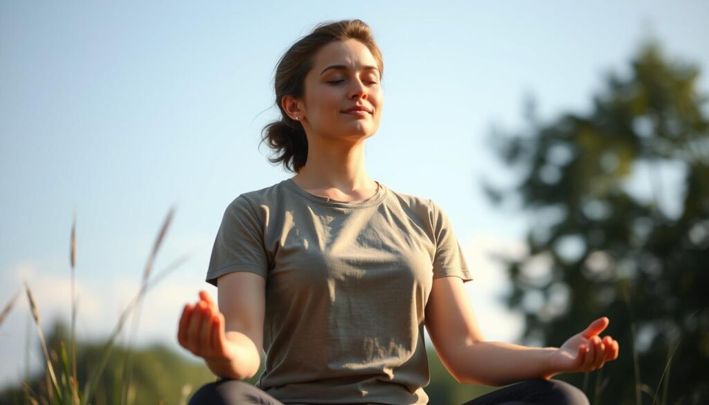 Person practicing mindfulness outdoors as an anxiety management technique