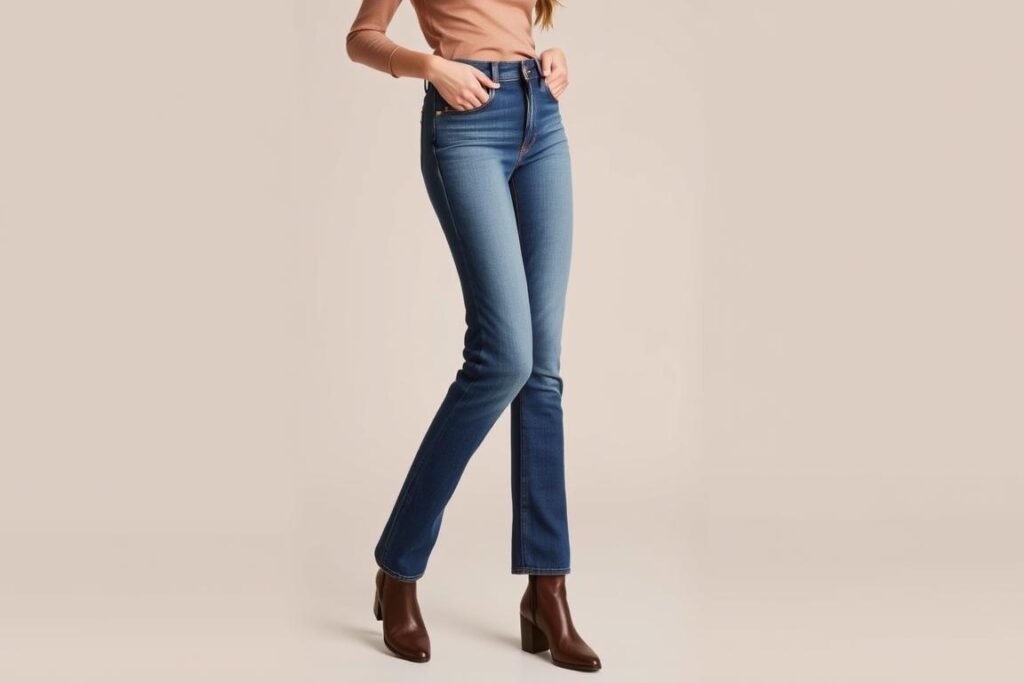 Woman wearing bootcut jeans that flare slightly from the knee