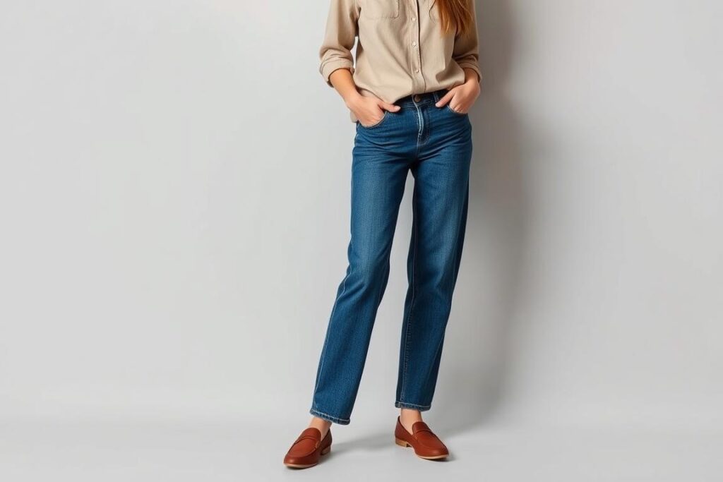 Woman wearing classic straight leg jeans with even width from hip to ankle
