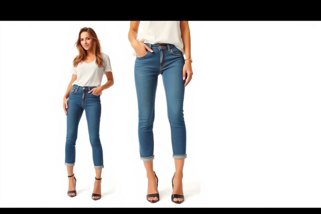 Woman wearing cropped jeans that end above the ankle