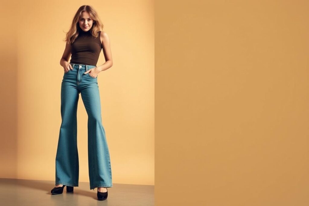 Woman wearing flare jeans with a dramatic wide opening at the bottom