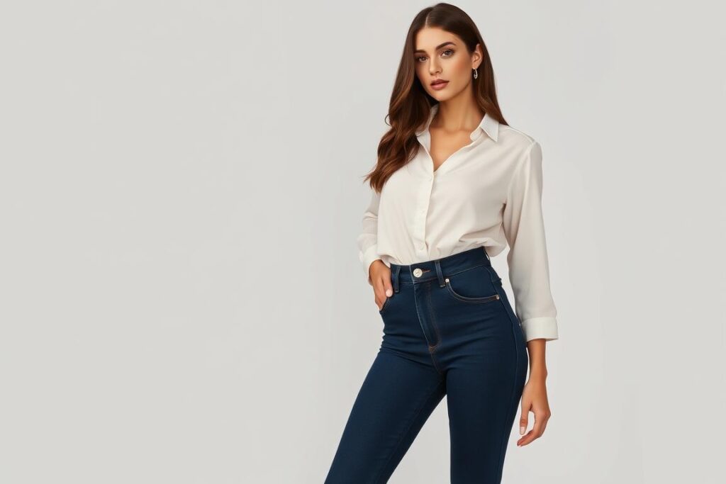 Woman wearing high-waisted jeans that elongate the legs