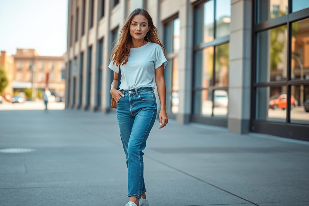 Woman wearing high-waisted mom jeans with a tucked-in top