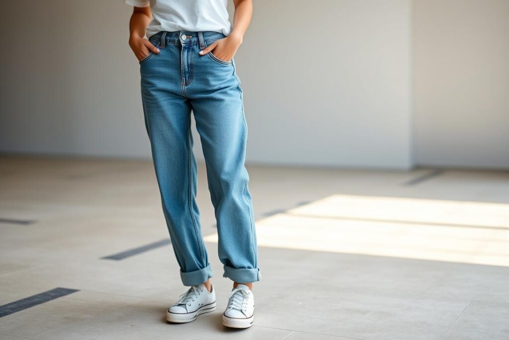 Woman wearing relaxed boyfriend jeans with a fitted top