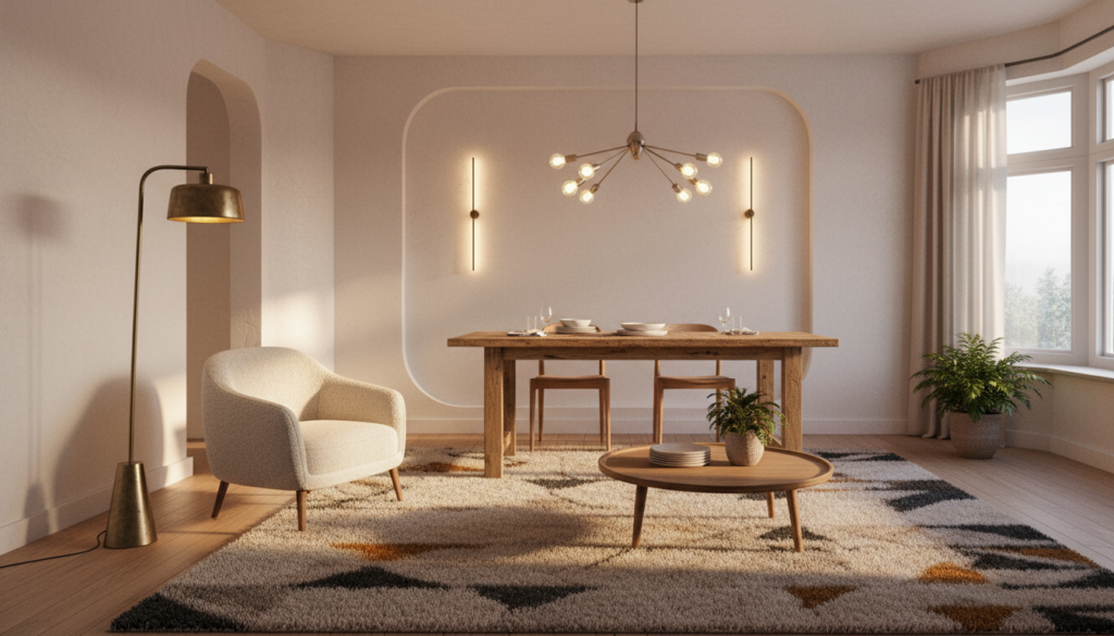 A beautifully arranged living room showcasing various types of interior lighting for homes. In the foreground, feature a stylish floor lamp with a warm glow, casting soft shadows on a plush area rug. The middle ground should display a modern pendant light hanging over a dining table, illuminated with a bright yet warm color temperature, creating an inviting atmosphere. To the background, integrate subtle wall sconces casting ambient light on the walls, enhancing the cozy feel of the space. Use a wide-angle lens to capture the entire setting, ensuring a harmonious composition, with natural light filtering through a window, adding a serene touch. The overall mood should be warm and inviting, perfect for illustrating the fundamentals of home lighting. A beautifully arranged living room showcasing various types of interior lighting for homes. In the foreground, feature a stylish floor lamp with a warm glow, casting soft shadows on a plush area rug. The middle ground should display a modern pendant light hanging over a dining table, illuminated with a bright yet warm color temperature, creating an inviting atmosphere. To the background, integrate subtle wall sconces casting ambient light on the walls, enhancing the cozy feel of the space. Use a wide-angle lens to capture the entire setting, ensuring a harmonious composition, with natural light filtering through a window, adding a serene touch. The overall mood should be warm and inviting, perfect for illustrating the fundamentals of home lighting.