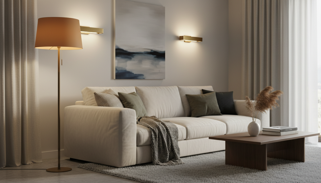 A cozy, modern living room illuminated by soft ambient lighting. In the foreground, a stylish floor lamp with a warm-toned shade casts a gentle glow on a comfortable sofa with plush cushions. In the middle, a sleek coffee table with minimal decor complements the inviting atmosphere. The background features chic wall sconces, artfully designed to enhance the room's elegance while providing subtle illumination. Soft textures and neutral color palettes dominate, creating a sense of warmth and tranquility. The image is captured at a slight angle to emphasize depth, with a focus on the interplay of light and shadow, enhancing the cozy ambiance. The atmosphere is inviting and serene, perfect for unwinding after a long day. A cozy, modern living room illuminated by soft ambient lighting. In the foreground, a stylish floor lamp with a warm-toned shade casts a gentle glow on a comfortable sofa with plush cushions. In the middle, a sleek coffee table with minimal decor complements the inviting atmosphere. The background features chic wall sconces, artfully designed to enhance the room's elegance while providing subtle illumination. Soft textures and neutral color palettes dominate, creating a sense of warmth and tranquility. The image is captured at a slight angle to emphasize depth, with a focus on the interplay of light and shadow, enhancing the cozy ambiance. The atmosphere is inviting and serene, perfect for unwinding after a long day.