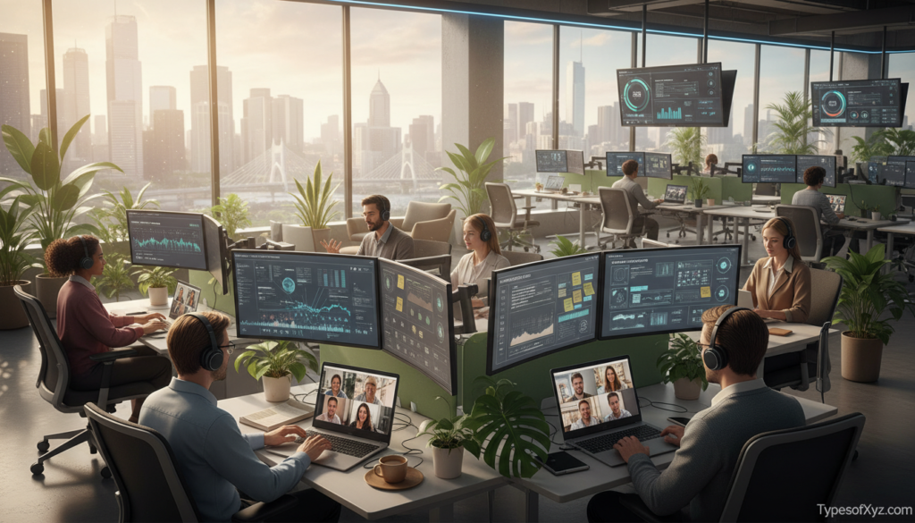 A dynamic workspace scene illustrating "Fully Remote Work Models" in an office setting. In the foreground, diverse professionals engaged in virtual meetings on sleek laptops, dressed in smart casual and business attire. The middle ground features structured workspaces with ergonomic furniture, plants for a touch of nature, large screens displaying collaborative projects, and digital dashboards showcasing productivity metrics. The background reveals large windows letting in warm, natural light, with a city skyline visible outside, symbolizing connectivity. The atmosphere is vibrant and focused, conveying innovation and collaboration in remote work. Soft shadows blend with bright lighting, creating an inviting workspace. Include the brand name "TypesofXyz.com" subtly integrated into the design elements. A dynamic workspace scene illustrating "Fully Remote Work Models" in an office setting. In the foreground, diverse professionals engaged in virtual meetings on sleek laptops, dressed in smart casual and business attire. The middle ground features structured workspaces with ergonomic furniture, plants for a touch of nature, large screens displaying collaborative projects, and digital dashboards showcasing productivity metrics. The background reveals large windows letting in warm, natural light, with a city skyline visible outside, symbolizing connectivity. The atmosphere is vibrant and focused, conveying innovation and collaboration in remote work. Soft shadows blend with bright lighting, creating an inviting workspace. Include the brand name "TypesofXyz.com" subtly integrated into the design elements.