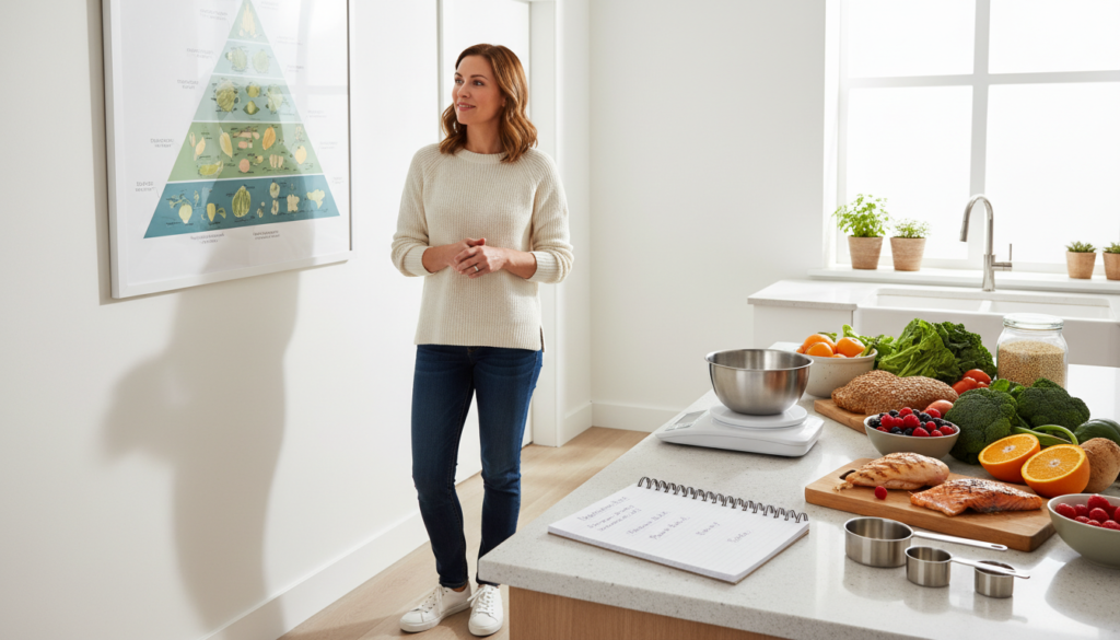 A professional nutritionist in a bright, modern kitchen setting, analyzing a colorful array of fresh fruits, vegetables, whole grains, and lean proteins on a well-organized countertop. In the foreground, a notebook is open with handwritten notes on various diet types, while measuring cups and scales are nearby, highlighting the concept of portion control. In the middle ground, the nutritionist, dressed in modest casual attire, is thoughtfully considering a food pyramid chart displayed on the wall. The background features soft natural lighting coming through a window, casting gentle shadows, creating a warm and inviting atmosphere. The overall mood is educational and inspiring, emphasizing understanding of individual nutritional needs. A professional nutritionist in a bright, modern kitchen setting, analyzing a colorful array of fresh fruits, vegetables, whole grains, and lean proteins on a well-organized countertop. In the foreground, a notebook is open with handwritten notes on various diet types, while measuring cups and scales are nearby, highlighting the concept of portion control. In the middle ground, the nutritionist, dressed in modest casual attire, is thoughtfully considering a food pyramid chart displayed on the wall. The background features soft natural lighting coming through a window, casting gentle shadows, creating a warm and inviting atmosphere. The overall mood is educational and inspiring, emphasizing understanding of individual nutritional needs.