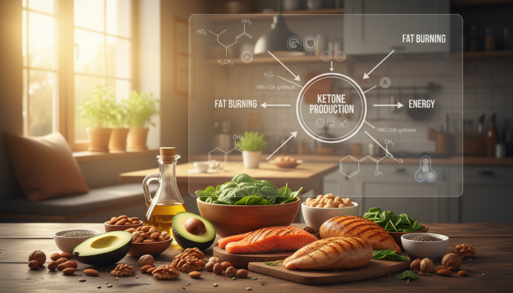 A vibrant and informative illustration representing ketogenic diet metabolism. In the foreground, a healthy spread of low-carb ingredients such as avocados, nuts, leafy greens, and proteins like fish and chicken is artistically arranged on a wooden table. In the middle ground, a semi-transparent diagram illustrating the metabolic processes, such as ketone production and fat burning, is overlaid, with arrows and chemical symbols subtly depicted. The background features a softly blurred kitchen setting, conveying a sense of warmth and homeliness with natural light streaming through a window. The scene should evoke a healthy and energetic atmosphere, highlighting the benefits of low-carbohydrate living in a visually engaging manner. Use soft focus and warm lighting to enhance the inviting mood of the image. A vibrant and informative illustration representing ketogenic diet metabolism. In the foreground, a healthy spread of low-carb ingredients such as avocados, nuts, leafy greens, and proteins like fish and chicken is artistically arranged on a wooden table. In the middle ground, a semi-transparent diagram illustrating the metabolic processes, such as ketone production and fat burning, is overlaid, with arrows and chemical symbols subtly depicted. The background features a softly blurred kitchen setting, conveying a sense of warmth and homeliness with natural light streaming through a window. The scene should evoke a healthy and energetic atmosphere, highlighting the benefits of low-carbohydrate living in a visually engaging manner. Use soft focus and warm lighting to enhance the inviting mood of the image.