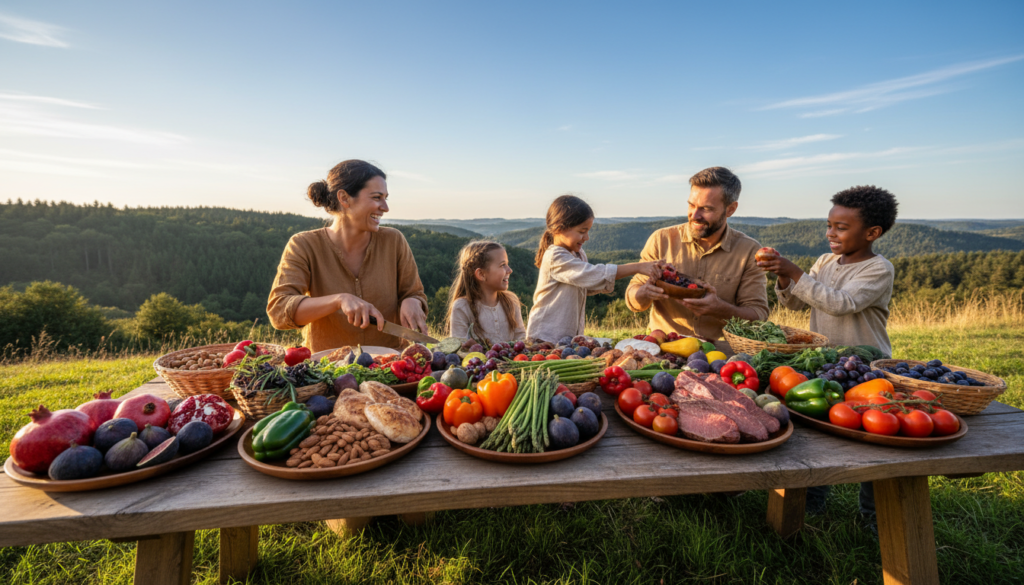 A vibrant and rustic outdoor setting depicting a family gathering around a wooden table laden with fresh, whole foods. In the foreground, emphasize a variety of colorful vegetables, fruits, nuts, and lean meats, all arranged artfully on natural wooden plates. In the middle ground, a diverse group of four individuals, dressed in modest casual clothing, joyfully preparing and sharing the meal, showcasing smiles and healthy interaction. The background features a serene landscape with lush greenery and a clear blue sky, evoking a sense of connection to nature. Warm, natural lighting enhances the inviting atmosphere, casting soft shadows and creating a sense of calm, while an angled perspective brings the viewer into the scene, emphasizing the communal spirit of the Paleo diet. A vibrant and rustic outdoor setting depicting a family gathering around a wooden table laden with fresh, whole foods. In the foreground, emphasize a variety of colorful vegetables, fruits, nuts, and lean meats, all arranged artfully on natural wooden plates. In the middle ground, a diverse group of four individuals, dressed in modest casual clothing, joyfully preparing and sharing the meal, showcasing smiles and healthy interaction. The background features a serene landscape with lush greenery and a clear blue sky, evoking a sense of connection to nature. Warm, natural lighting enhances the inviting atmosphere, casting soft shadows and creating a sense of calm, while an angled perspective brings the viewer into the scene, emphasizing the communal spirit of the Paleo diet.
