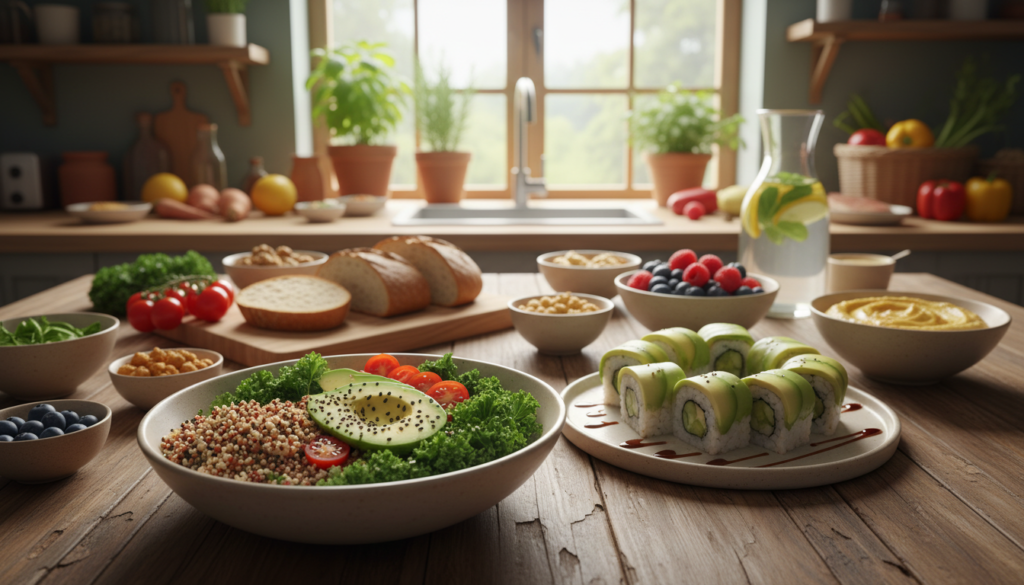 A vibrant, lush vegan meal spread across a rustic wooden table, showcasing an array of colorful fruits, vegetables, and grains. In the foreground, a beautifully arranged vegan Buddha bowl filled with quinoa, avocados, cherry tomatoes, and kale, garnished with sesame seeds. The middle features a delicate plate of vegan sushi rolls made of avocado and cucumber, drizzled with soy sauce. In the background, a sun-drenched kitchen with potted herbs and fresh produce on shelves, bathed in warm, natural light. A cozy, inviting atmosphere to emphasize healthy eating and sustainability. Use a wide-angle lens to capture the entire scene, focusing on clarity and color vibrancy. The overall mood is cheerful and energizing, promoting the idea of plant-based living. A vibrant, lush vegan meal spread across a rustic wooden table, showcasing an array of colorful fruits, vegetables, and grains. In the foreground, a beautifully arranged vegan Buddha bowl filled with quinoa, avocados, cherry tomatoes, and kale, garnished with sesame seeds. The middle features a delicate plate of vegan sushi rolls made of avocado and cucumber, drizzled with soy sauce. In the background, a sun-drenched kitchen with potted herbs and fresh produce on shelves, bathed in warm, natural light. A cozy, inviting atmosphere to emphasize healthy eating and sustainability. Use a wide-angle lens to capture the entire scene, focusing on clarity and color vibrancy. The overall mood is cheerful and energizing, promoting the idea of plant-based living.