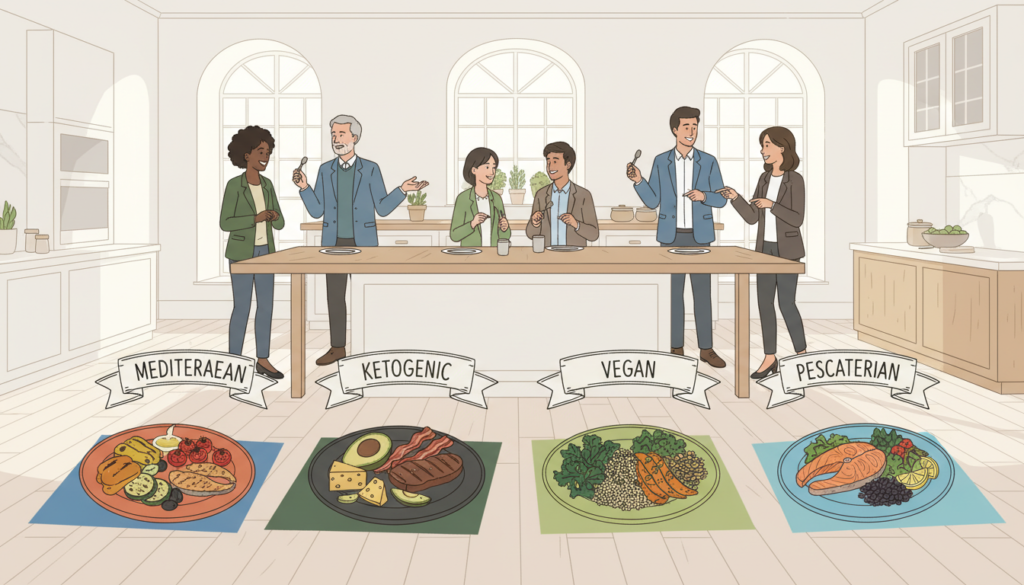 A visually engaging and informative illustration depicting the most popular types of diets. In the foreground, feature colorful plates filled with representative foods for different diets: a vibrant Mediterranean plate with olives and grilled veggies, a hearty ketogenic meal with avocado and bacon, a vibrant vegan selection with greens and grains, and a balanced pescatarian plate with fish and legumes. In the middle ground, include diverse groups of people in business casual attire discussing the meals, smiling and engaging in conversation, showcasing diversity in age, ethnicity, and gender. The background should be a bright, airy kitchen with natural light streaming through large windows. The overall mood is positive and lively, encouraging healthy discussion about dietary choices. A visually engaging and informative illustration depicting the most popular types of diets. In the foreground, feature colorful plates filled with representative foods for different diets: a vibrant Mediterranean plate with olives and grilled veggies, a hearty ketogenic meal with avocado and bacon, a vibrant vegan selection with greens and grains, and a balanced pescatarian plate with fish and legumes. In the middle ground, include diverse groups of people in business casual attire discussing the meals, smiling and engaging in conversation, showcasing diversity in age, ethnicity, and gender. The background should be a bright, airy kitchen with natural light streaming through large windows. The overall mood is positive and lively, encouraging healthy discussion about dietary choices.