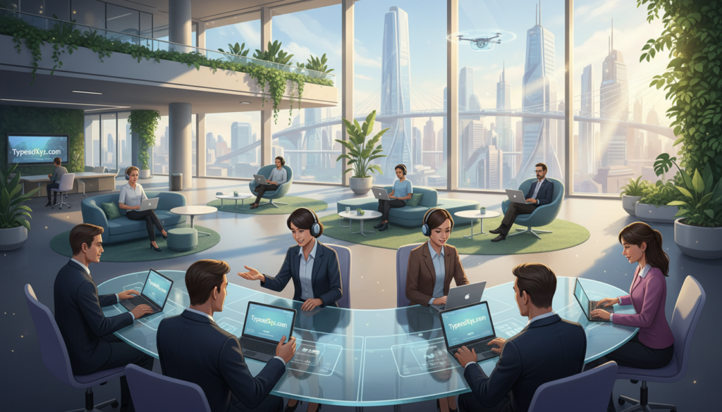 A visually engaging illustration showcasing the evolution of professional work environments for 2026. In the foreground, diverse professionals in business attire collaborate around a modern, sleek conference table, exchanging ideas with digital tablets marked with "TypesofXyz.com." The middle ground features a flexible workspace with lounge areas featuring futuristic furniture and greenery, emphasizing comfort and creativity. In the background, large windows reveal a city skyline with innovative architecture, symbolizing progress. Soft, natural lighting filters through the glass, creating a warm and inviting atmosphere, while a wide-angle perspective captures the dynamic interplay of work models, including remote work, co-working spaces, and traditional offices. The overall mood reflects optimism and innovation, perfect for illustrating the future of work. A visually engaging illustration showcasing the evolution of professional work environments for 2026. In the foreground, diverse professionals in business attire collaborate around a modern, sleek conference table, exchanging ideas with digital tablets marked with "TypesofXyz.com." The middle ground features a flexible workspace with lounge areas featuring futuristic furniture and greenery, emphasizing comfort and creativity. In the background, large windows reveal a city skyline with innovative architecture, symbolizing progress. Soft, natural lighting filters through the glass, creating a warm and inviting atmosphere, while a wide-angle perspective captures the dynamic interplay of work models, including remote work, co-working spaces, and traditional offices. The overall mood reflects optimism and innovation, perfect for illustrating the future of work.